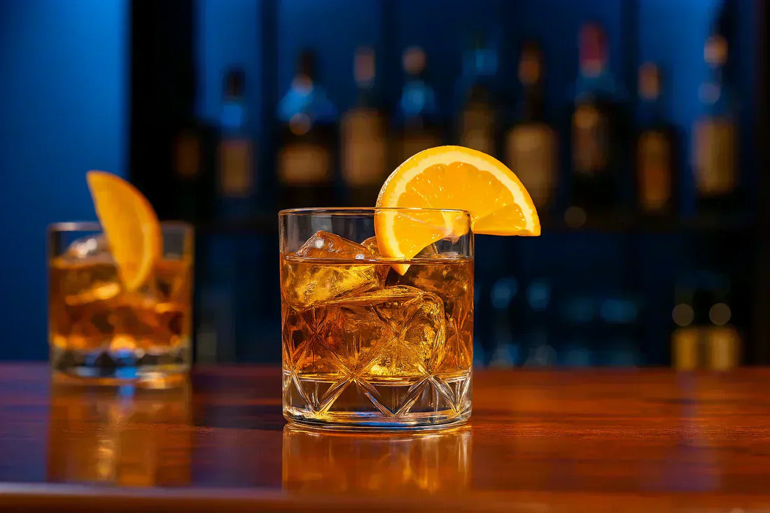old fashioned in an ornate rocks glass with an orange wedge as garnish