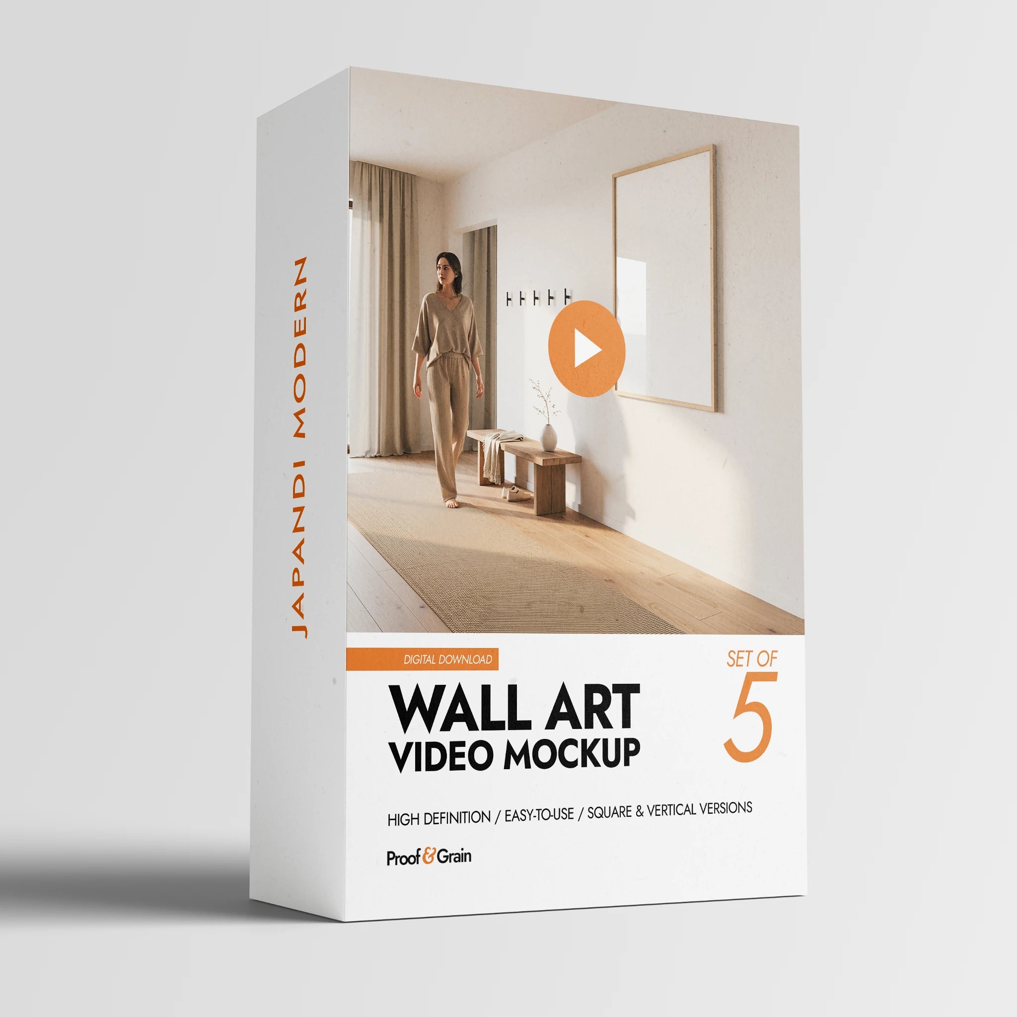 Box of Japandi Modern wall art video mockup set on a light gray background [Proof & Grain]