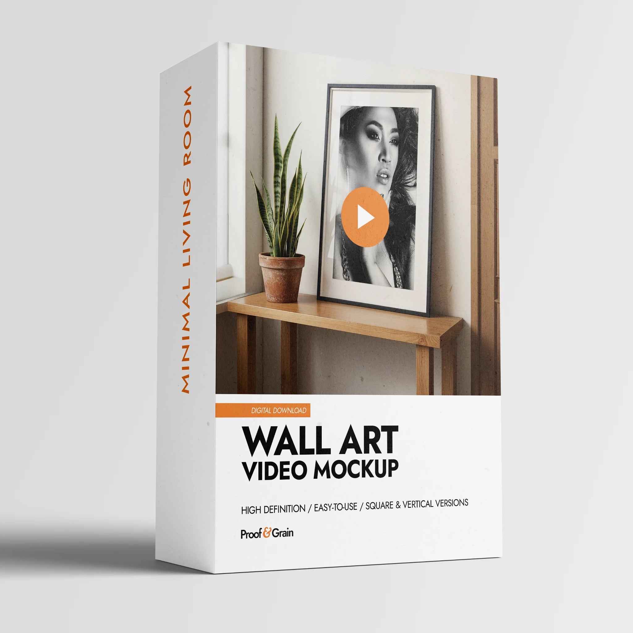 Wall art video mockup packaging with a room scene and plant on a white background [Proof & Grain]