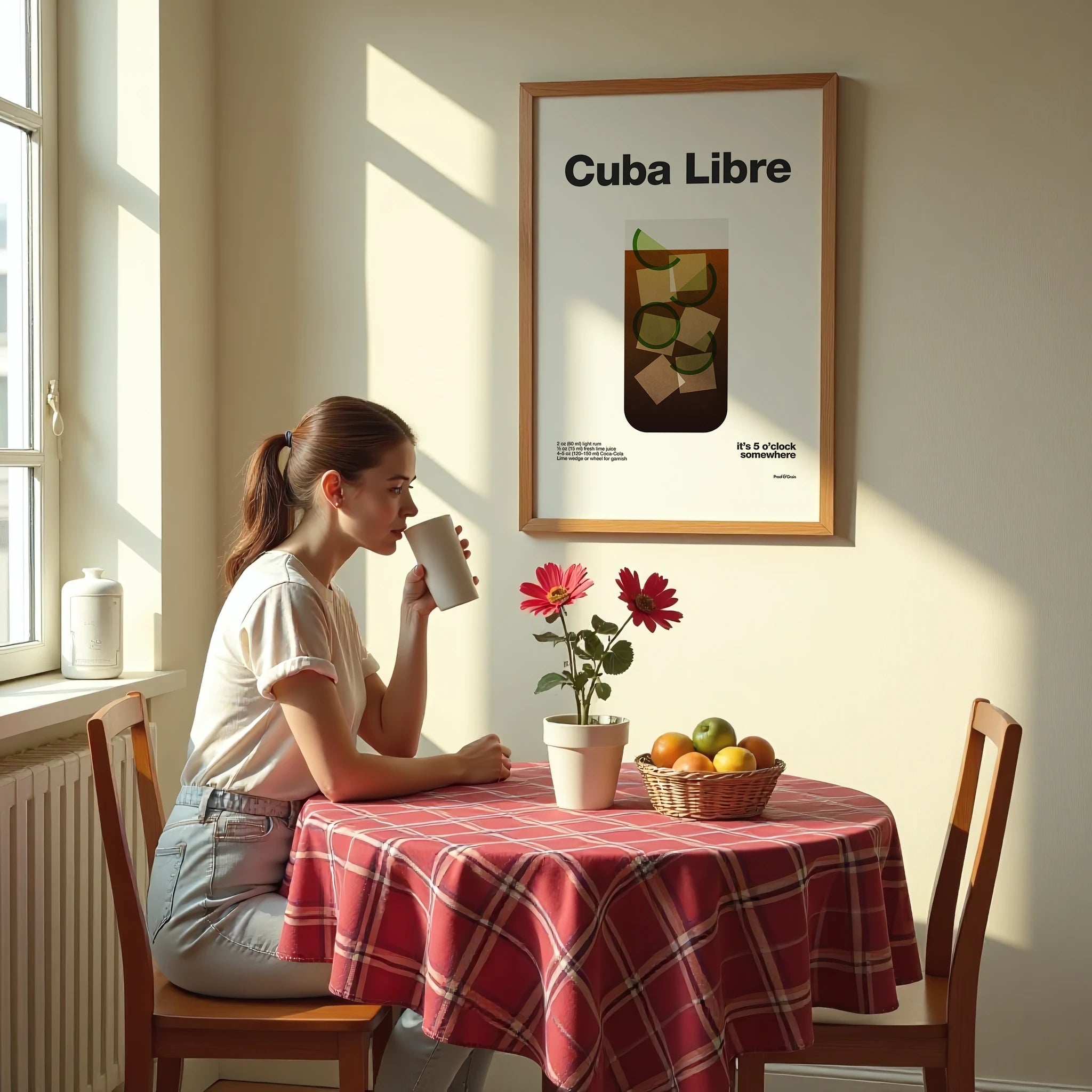 Woman sitting at a table with a red checkered tablecloth, drinking from a mug, with a 'Cuba Libre' poster on the wall.