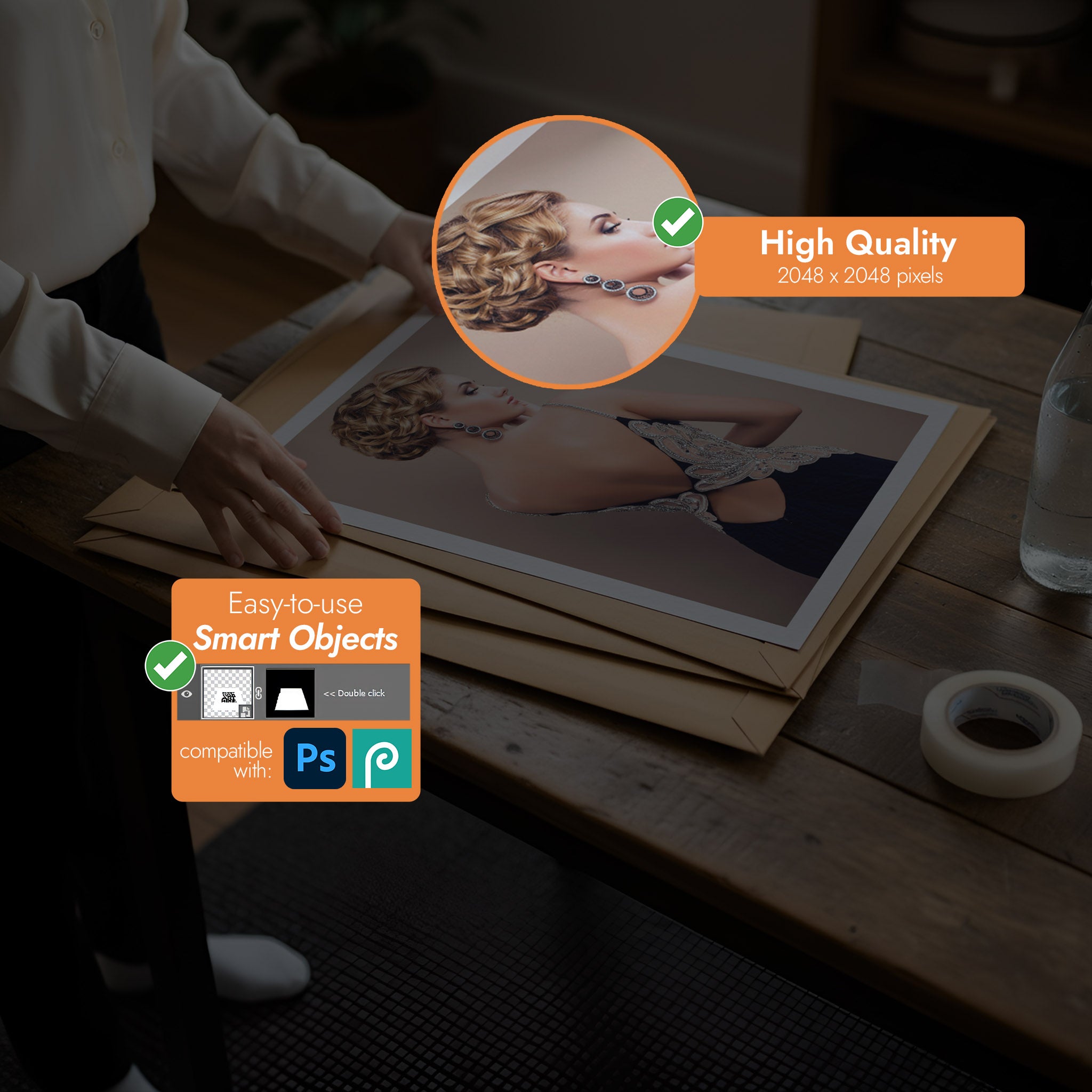 Person working on a wooden desk with a photo album and water bottle, featuring graphics about high-quality images and smart objects [Proof & Grain]