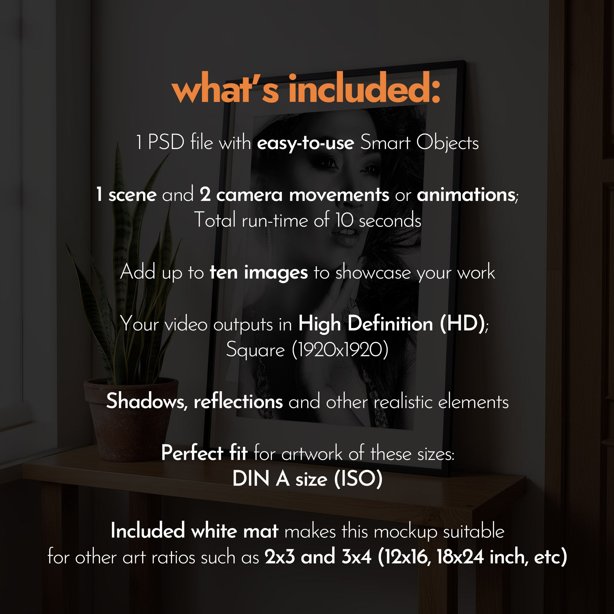 Framed artwork with text detailing features on a dark background [Proof & Grain]