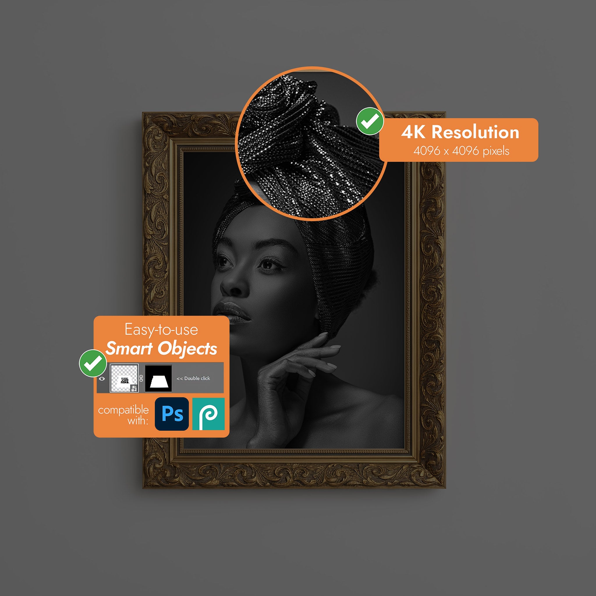 Framed artwork with a close-up of jewelry, 4K resolution label, and compatibility with Photoshop [Proof & Grain]