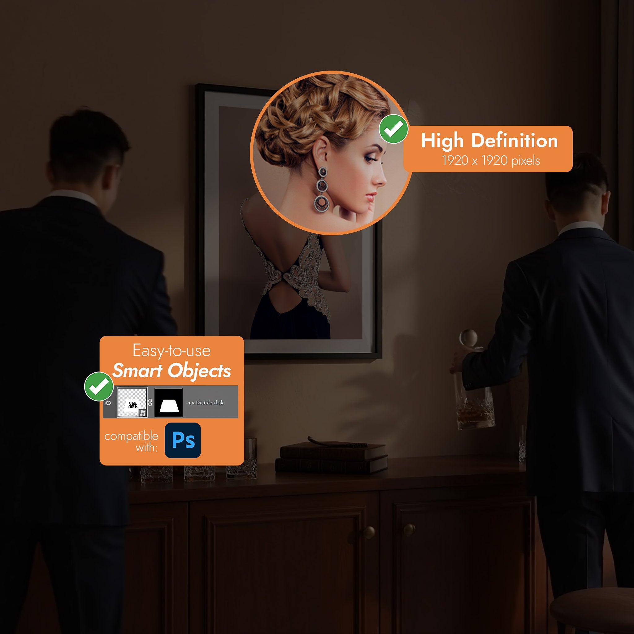 Two men in suits looking at a framed portrait with overlay text about high definition and smart objects [Proof & Grain]