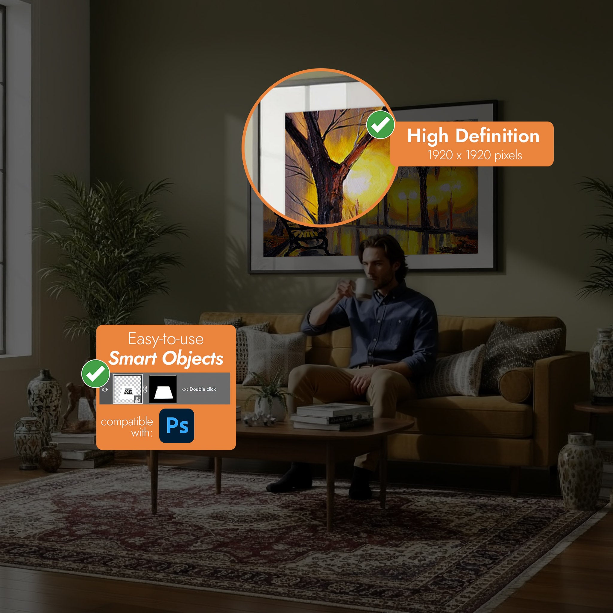 Living room with a man sitting on a couch, surrounded by decorative elements [Proof & Grain]