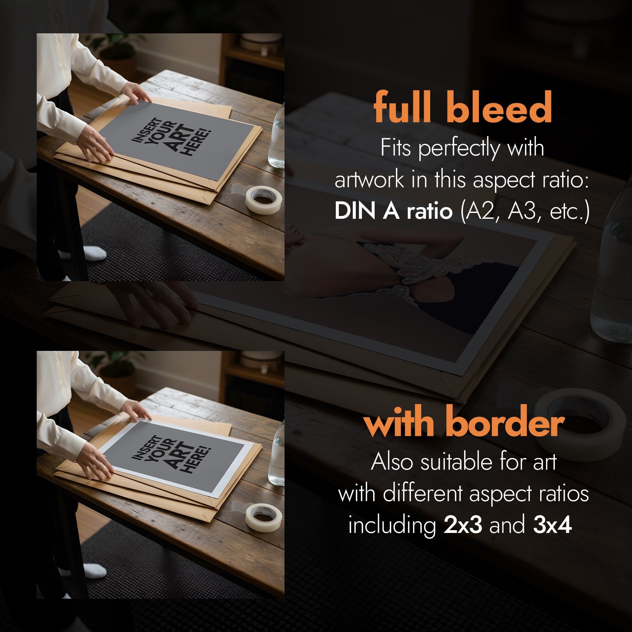 Person working with artwork on a table, with text about full bleed and border options [Proof & Grain]