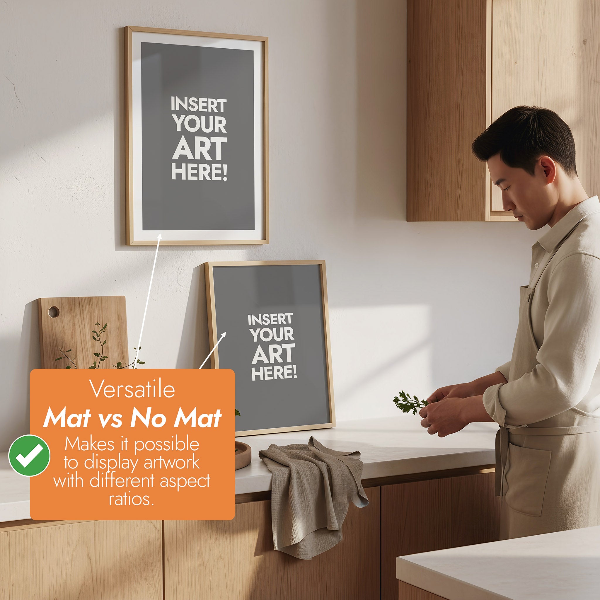 Person in a kitchen with framed artwork on the wall, promoting the use of Mats within the print mockups [Proof & Grain]
