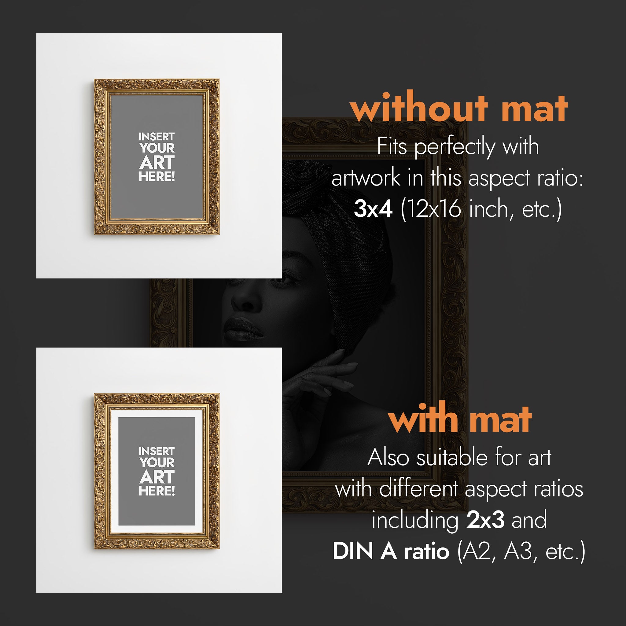 Framed artwork with text indicating mat options and aspect ratios [Proof & Grain]