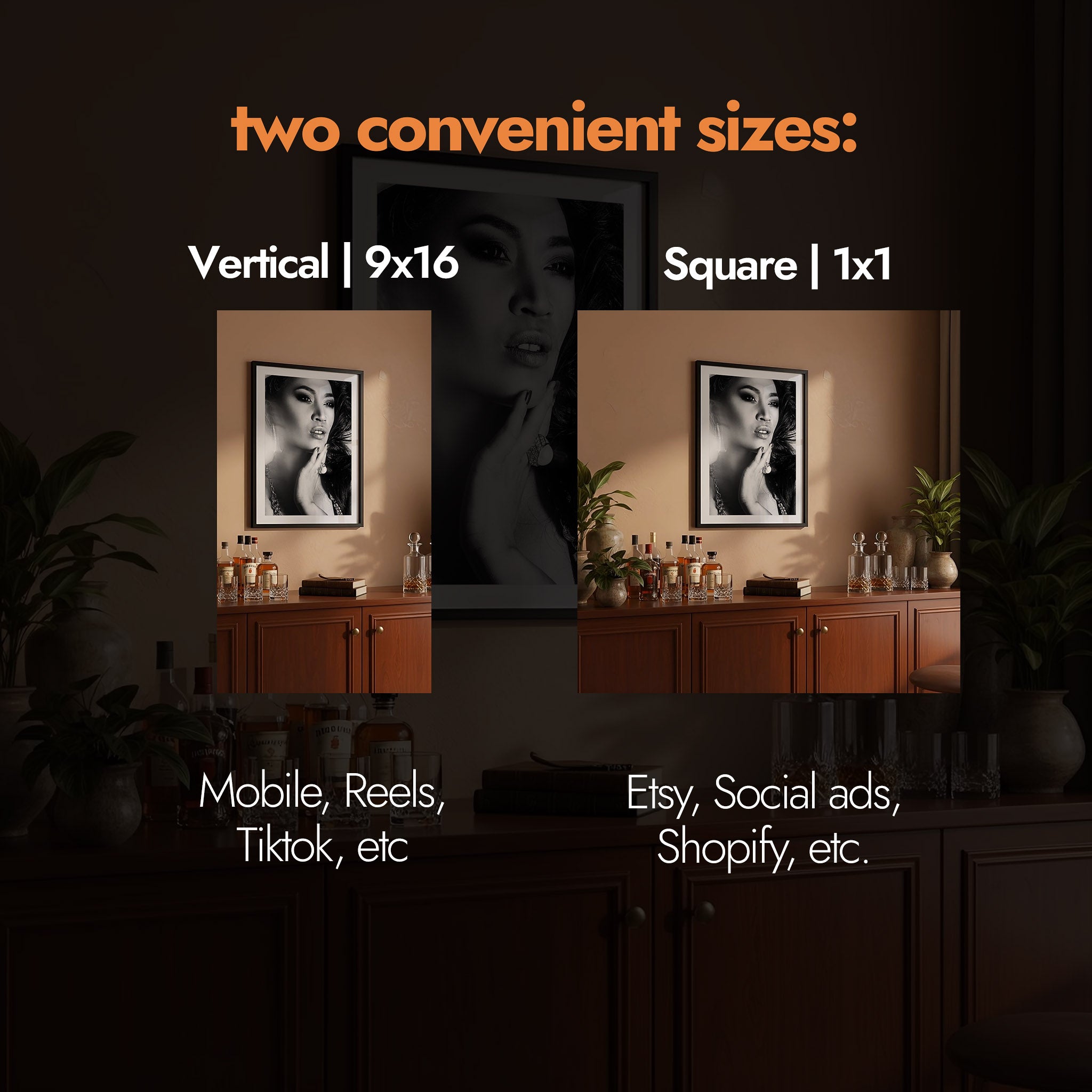 Room interior with framed picture, text about two convenient sizes, and product placements [Proof & Grain]