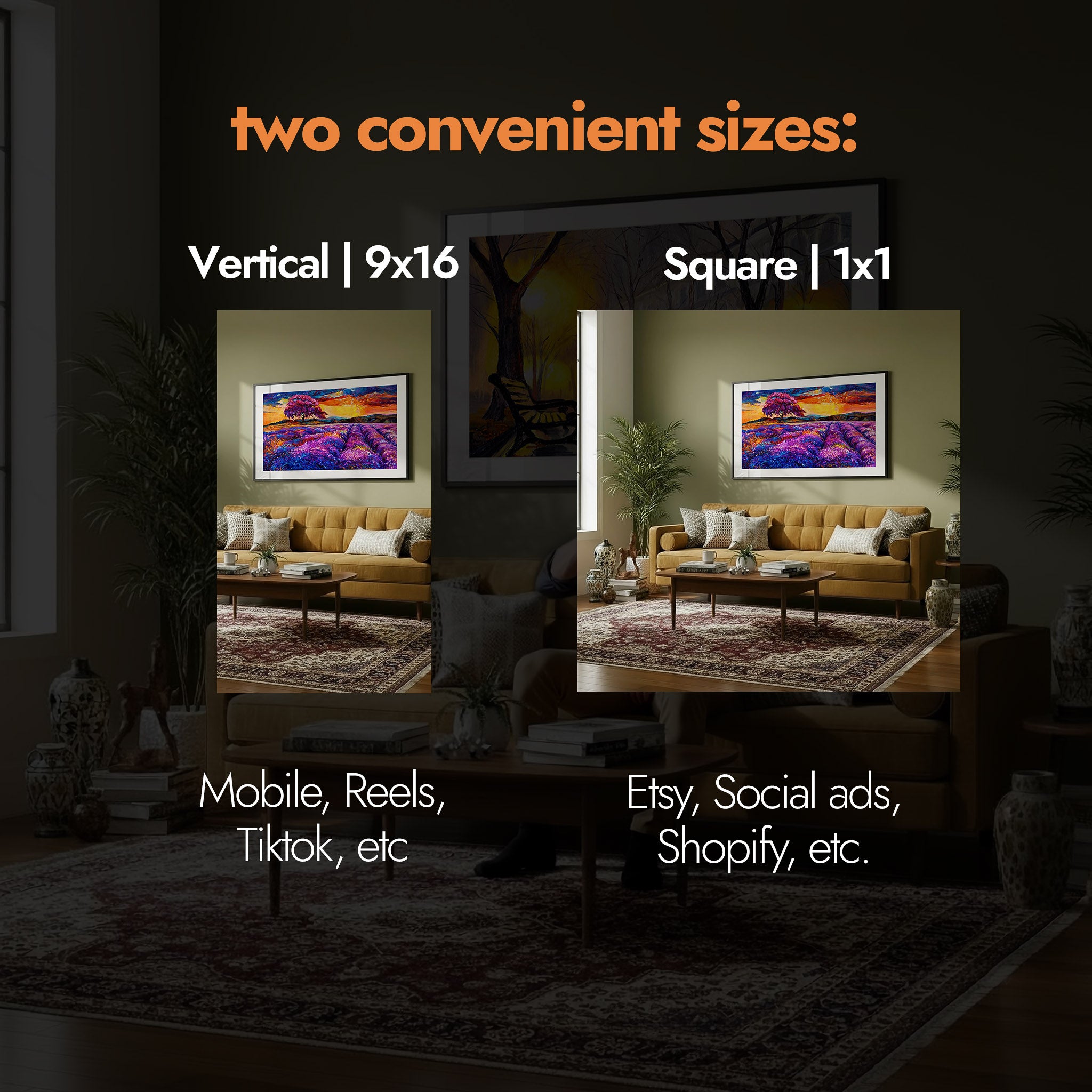 Living room scene with framed artwork and text about two convenient sizes [Proof & Grain]