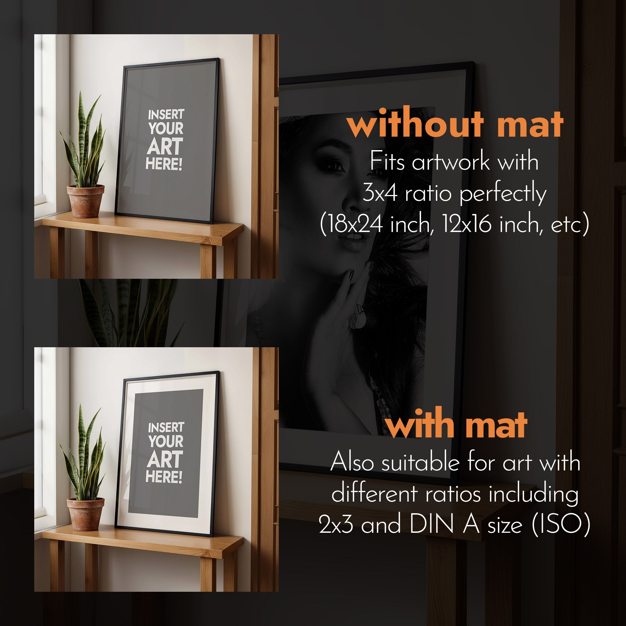 Framed artwork with and without mat, suitable for various art sizes [Proof & Grain]