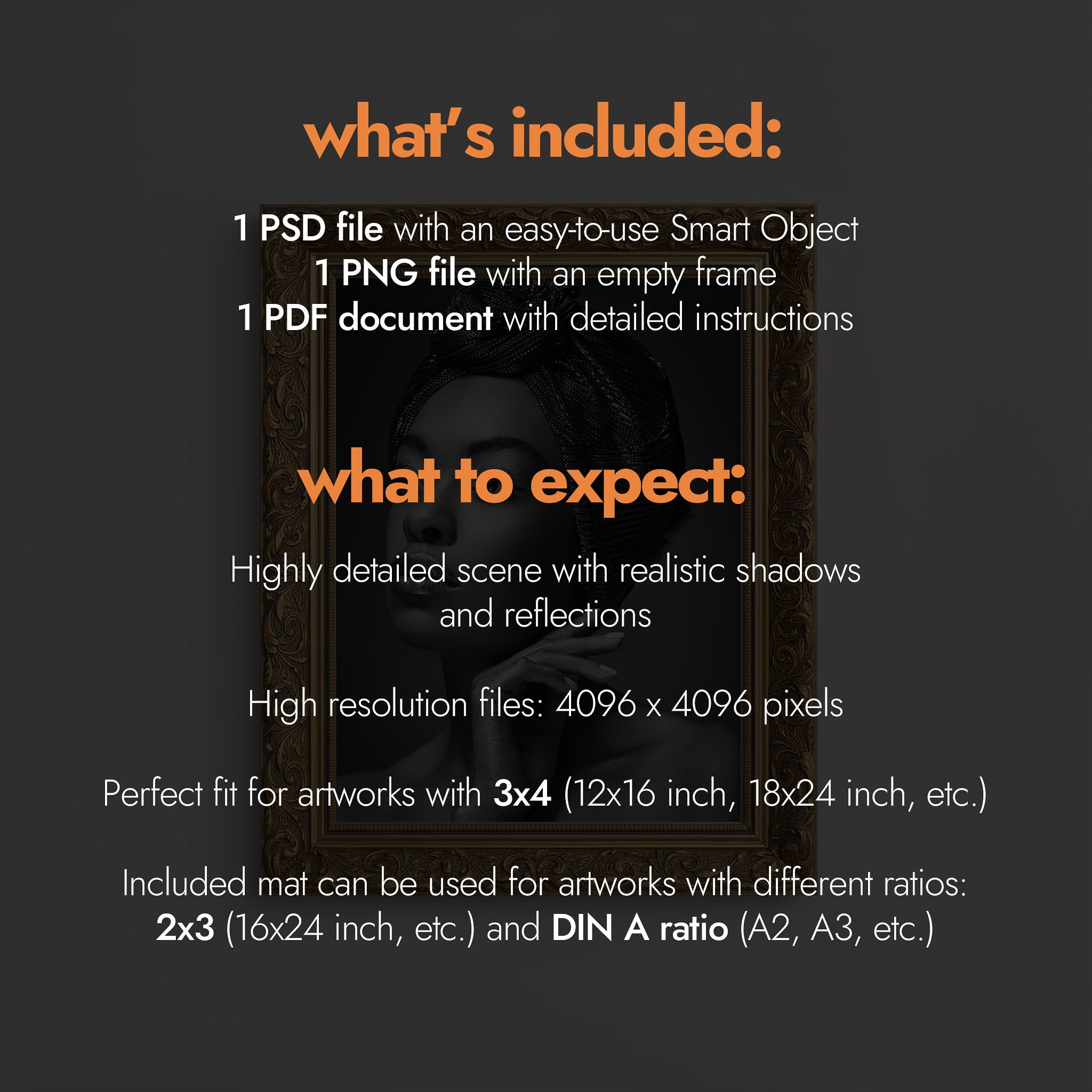 Informational text about included files and expectations for a high-resolution artwork with a frame [Proof & Grain]
