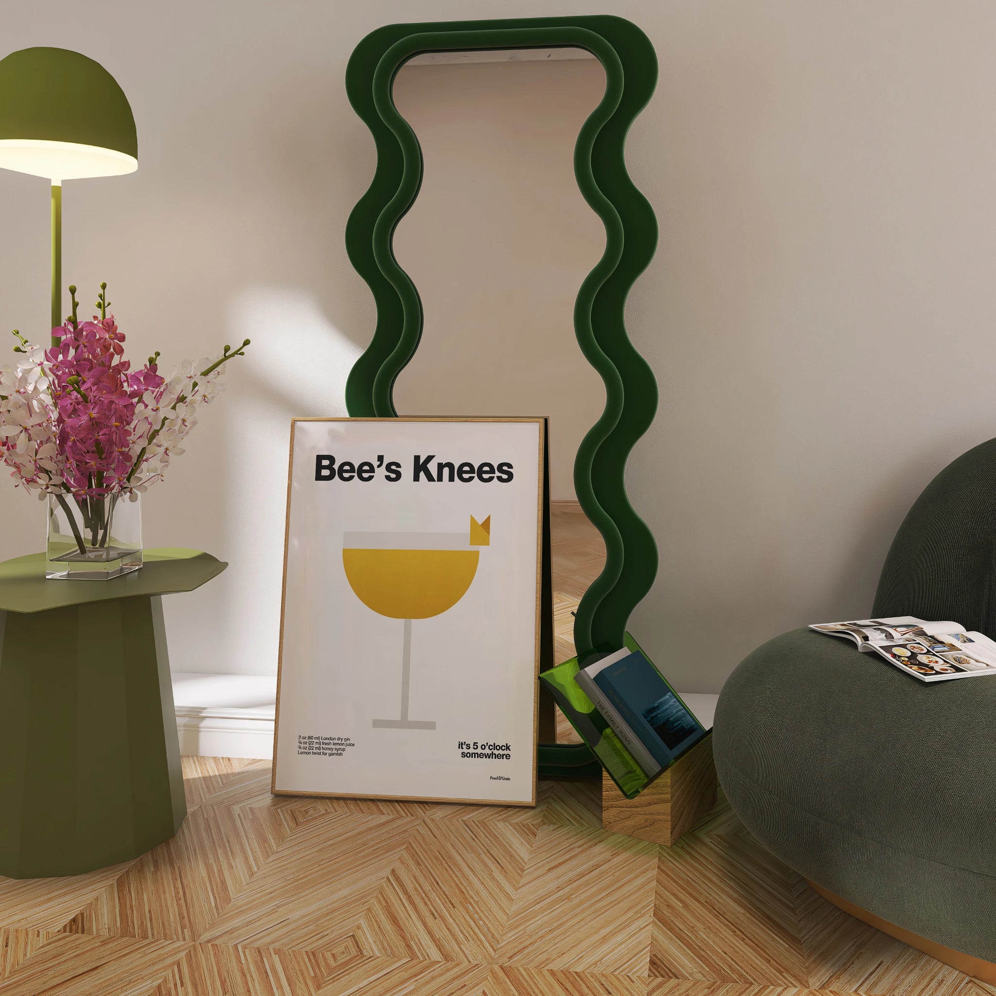 Room interior with a green lamp, framed picture, and wavy green mirror.