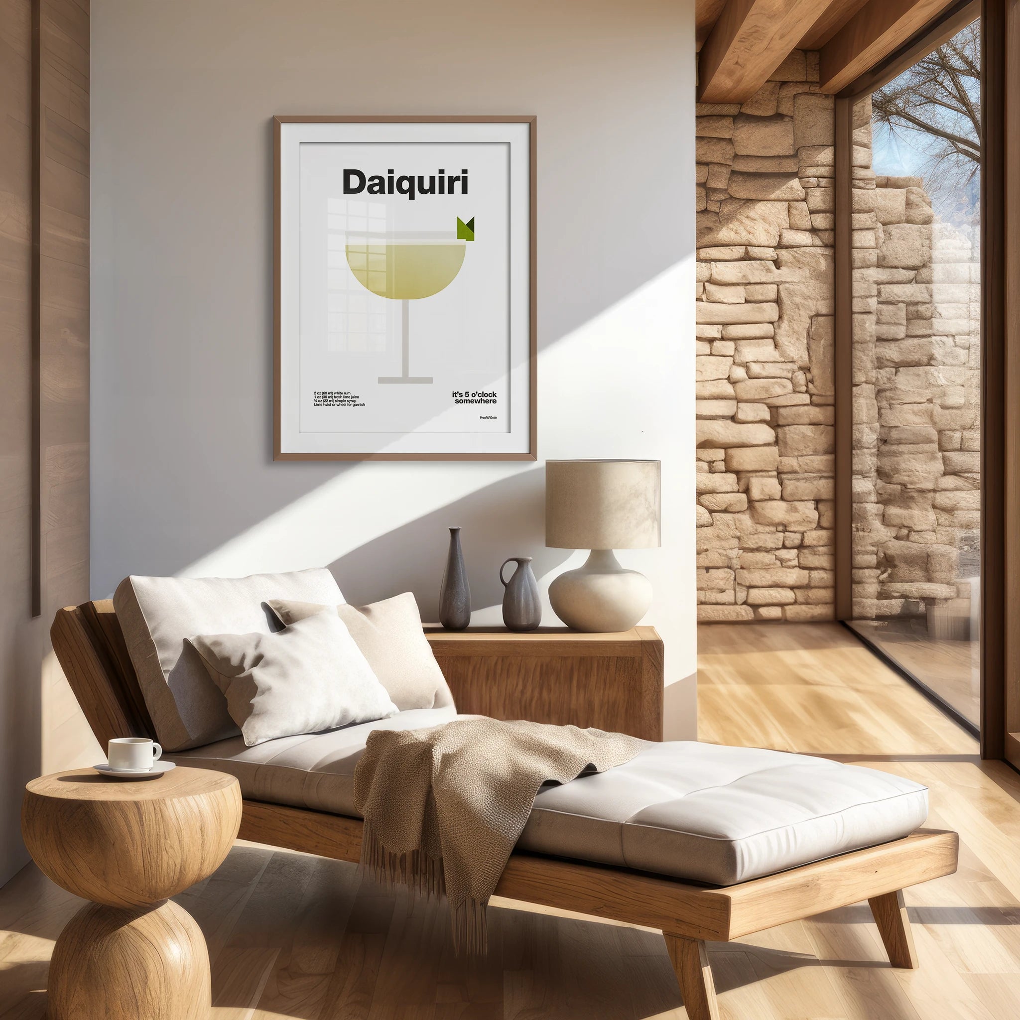 Modern living room with wooden furniture, a lamp, and a framed picture of a daiquiri.