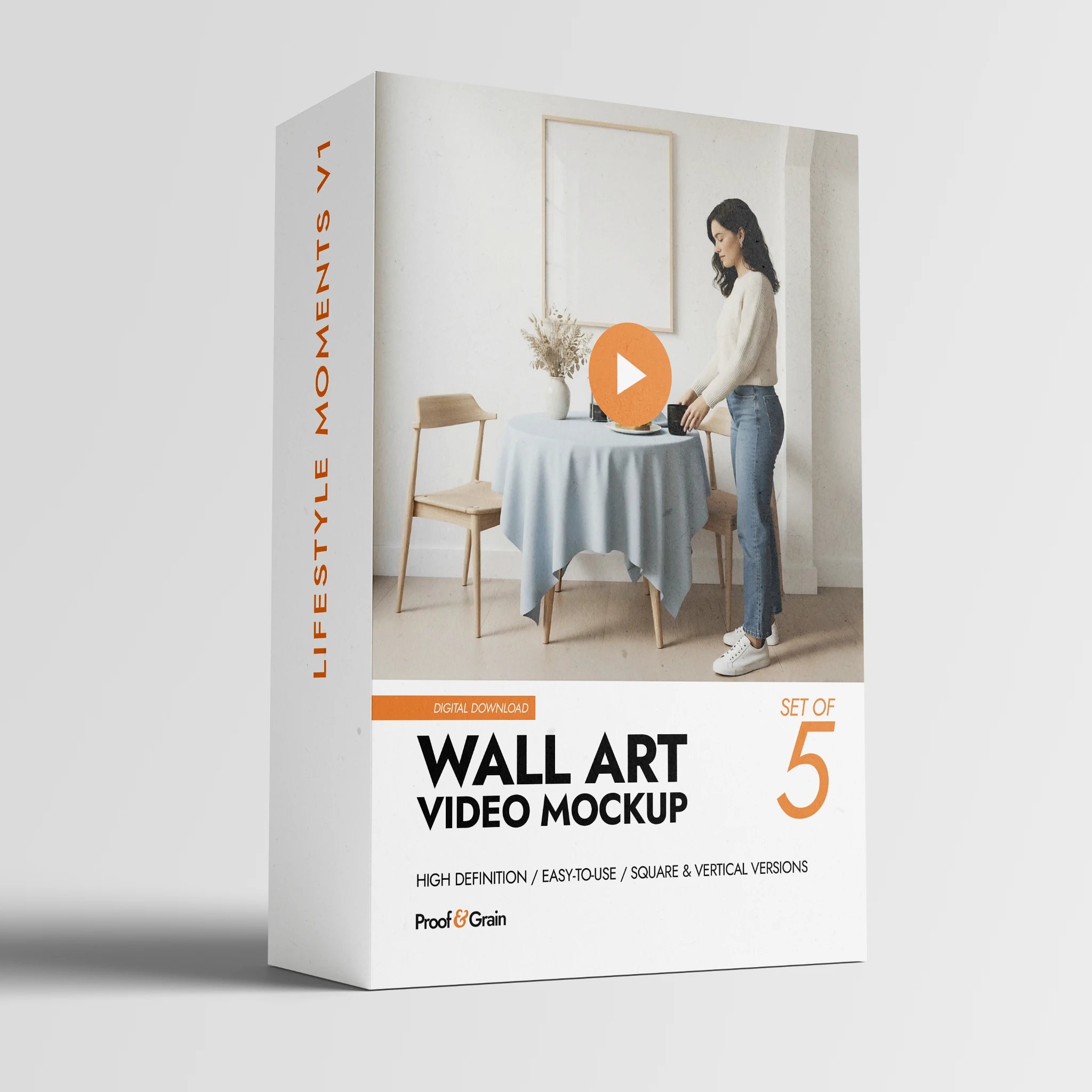 Box for Wall Art Video Mockup with a woman at a table on a white background