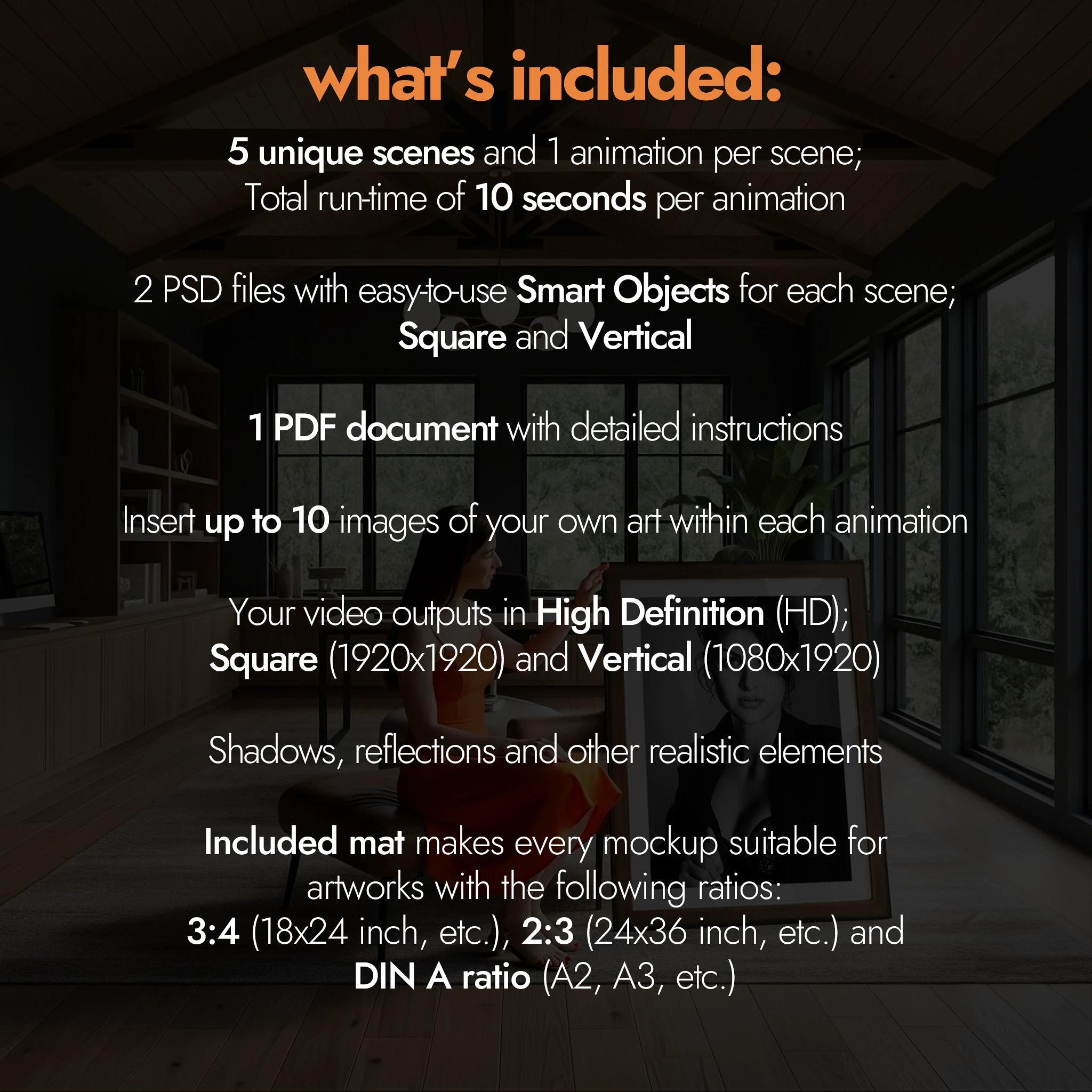 Product description overlay on a blurred interior scene with furniture.