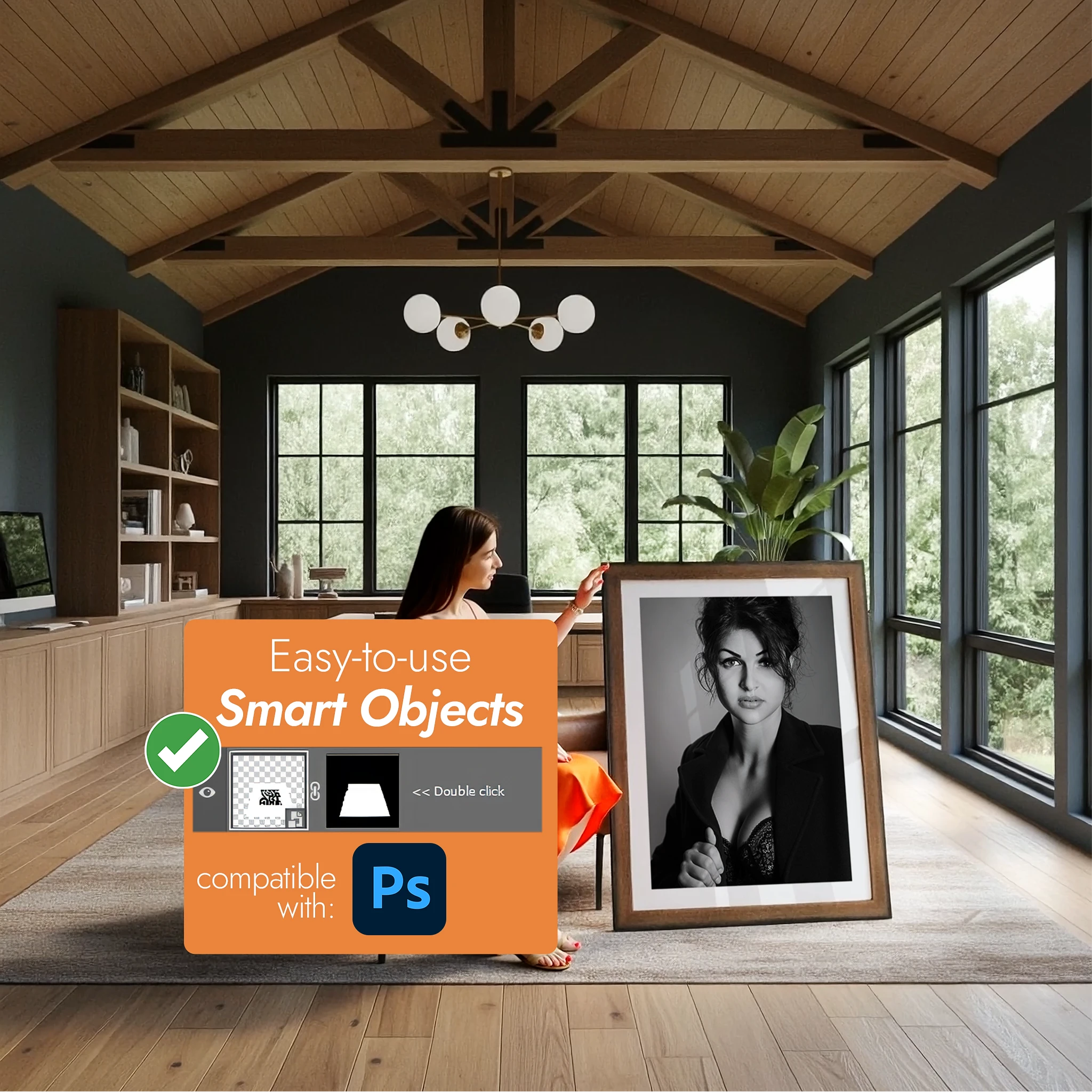 Living room with a woman sitting on a couch and a framed picture of a man, with an overlay of 'Easy-to-use Smart Objects' text.