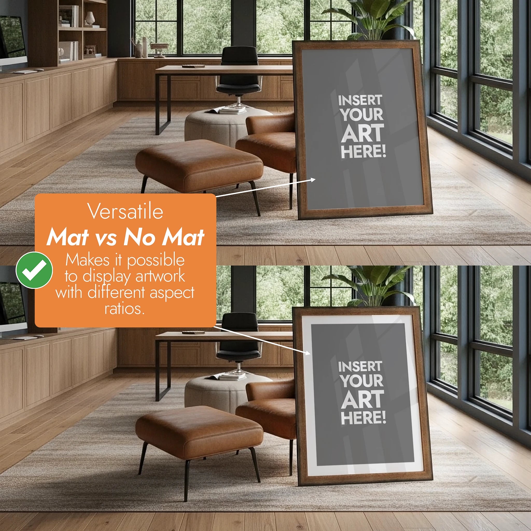 Wooden picture frame with 'Insert Your Art Here!' text in a room setting.