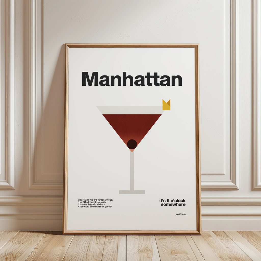 Framed poster of a Manhattan cocktail with text on a wall.