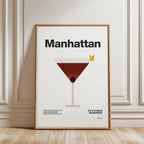Framed poster of a Manhattan cocktail with text on a wall.