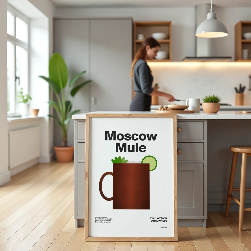 Modern kitchen with a 'Moscow Mule' poster on the island