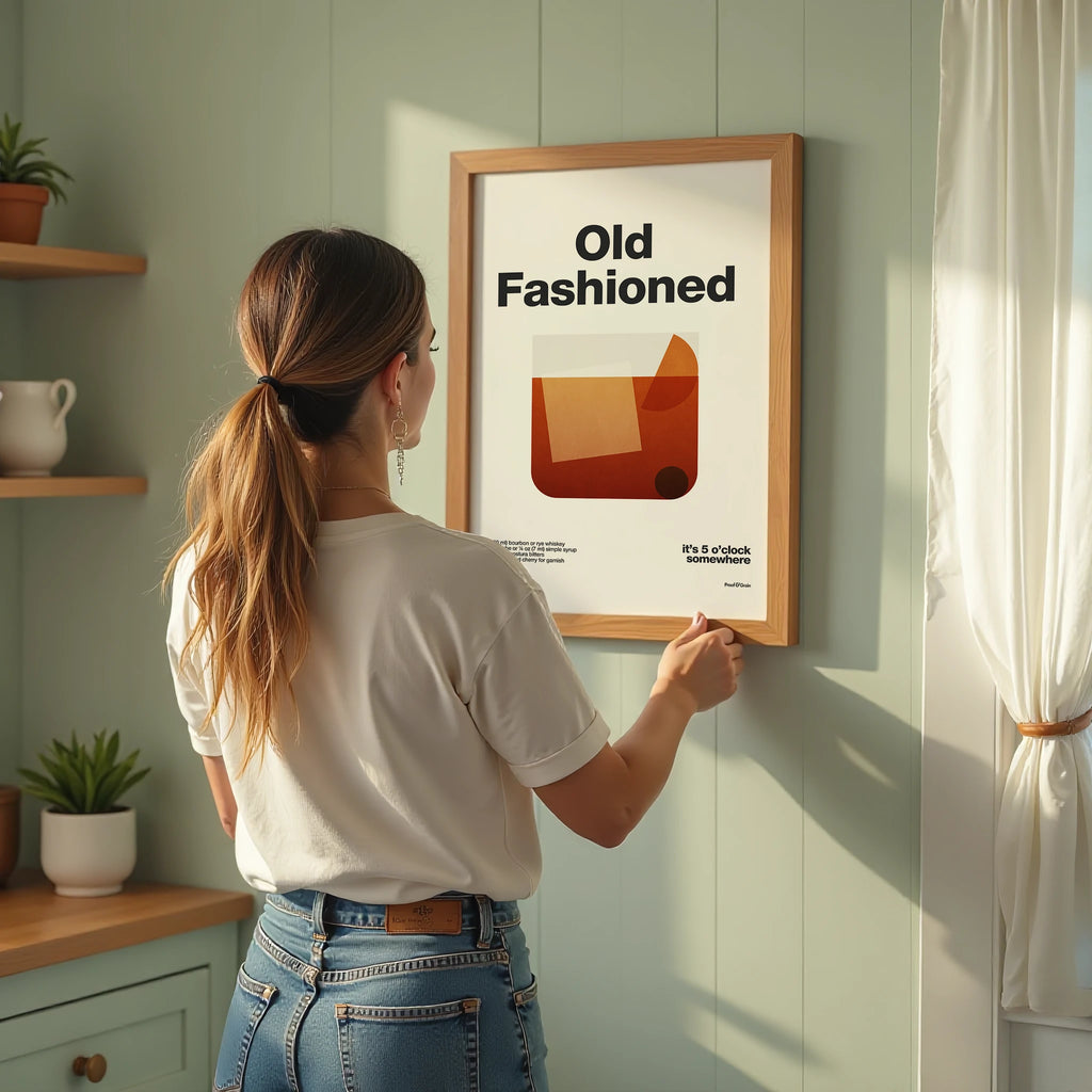 Woman hanging a framed poster titled 'Old Fashioned' on a wall.