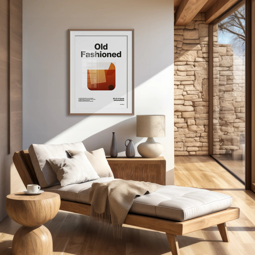 Modern living room with wooden furniture, stone wall, and framed 'Old Fashioned' poster.