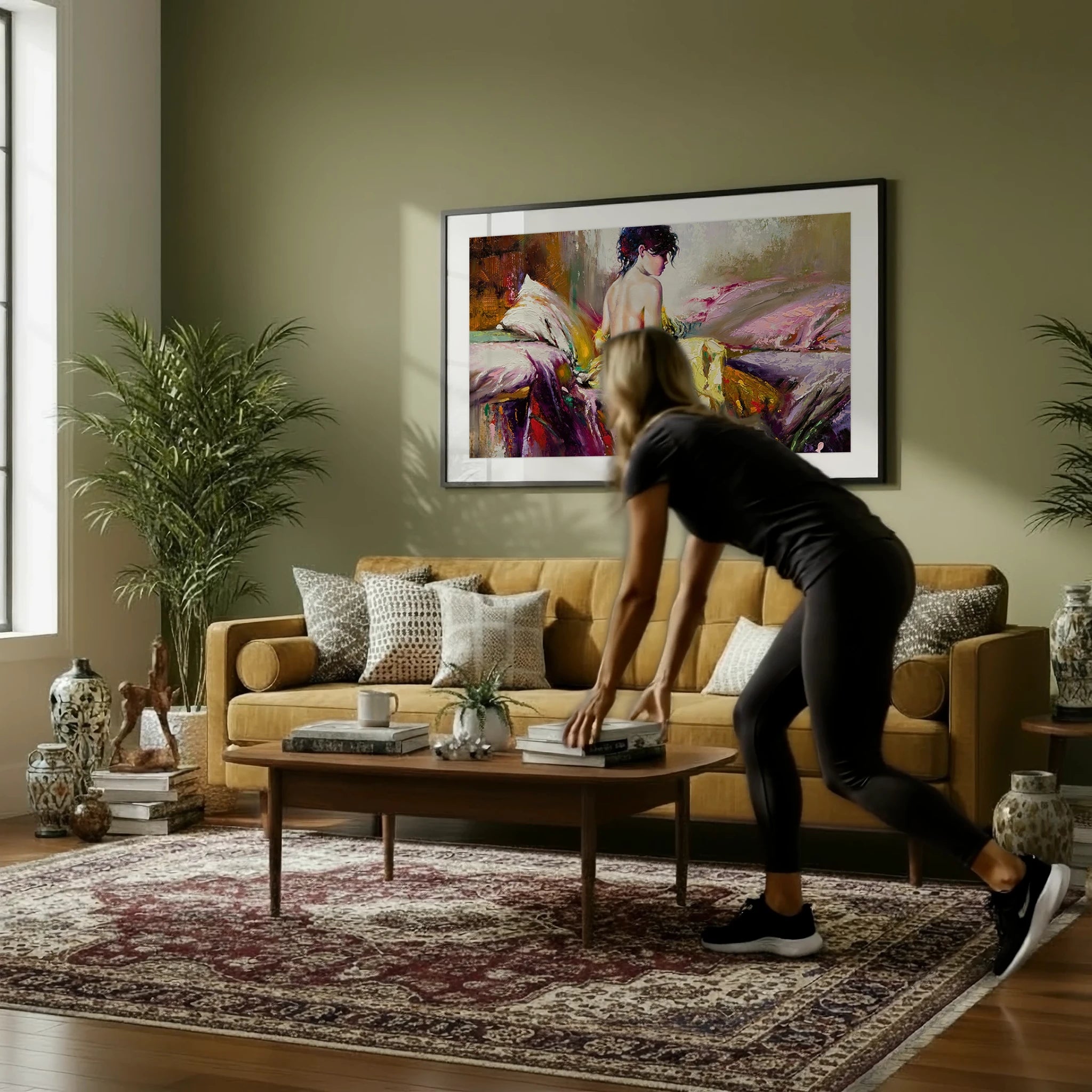 Horizontal Wall Art Video Mockup With Person in Living Room