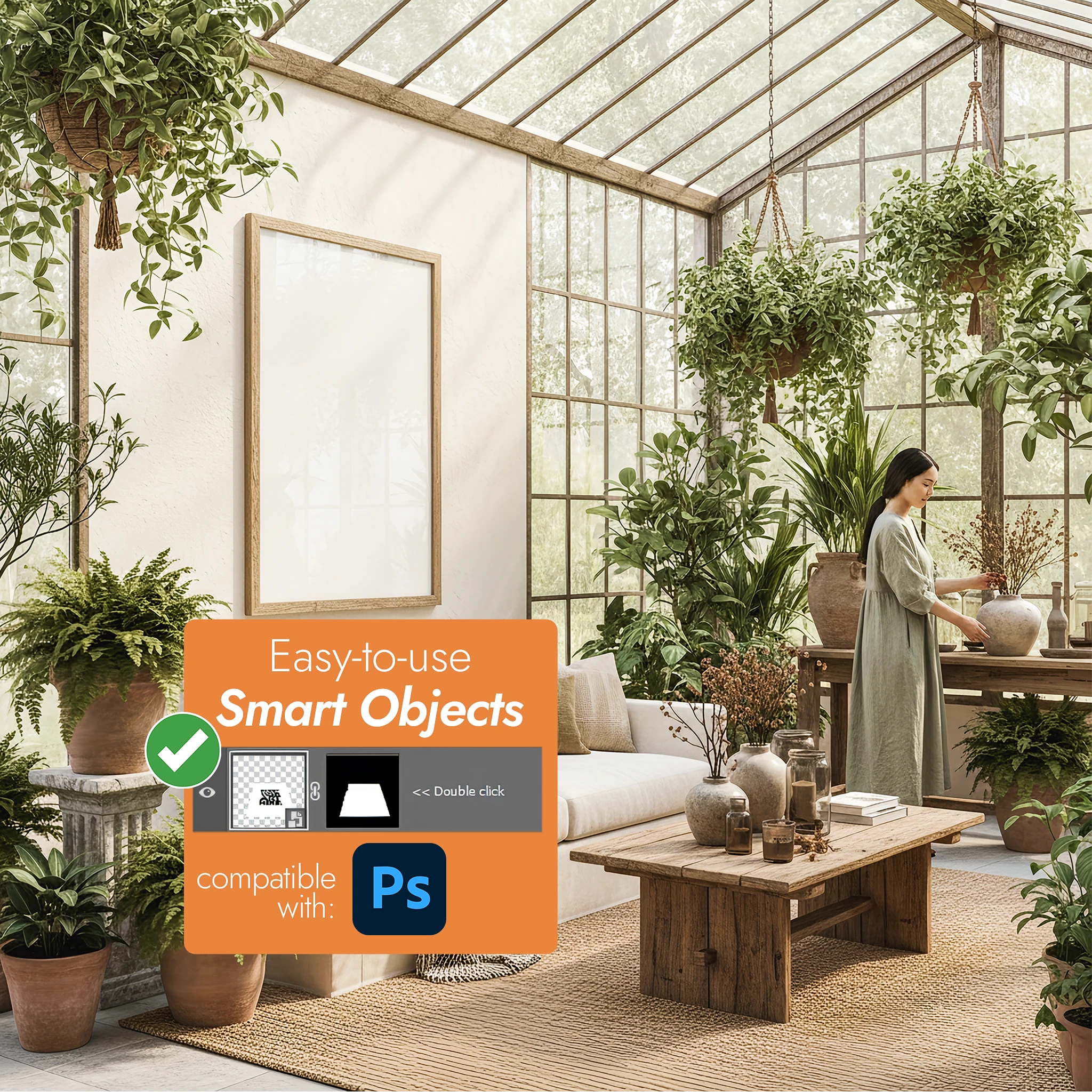 Modern living room with plants and a woman arranging flowers, featuring smart object compatibility text [Proof & Grain]