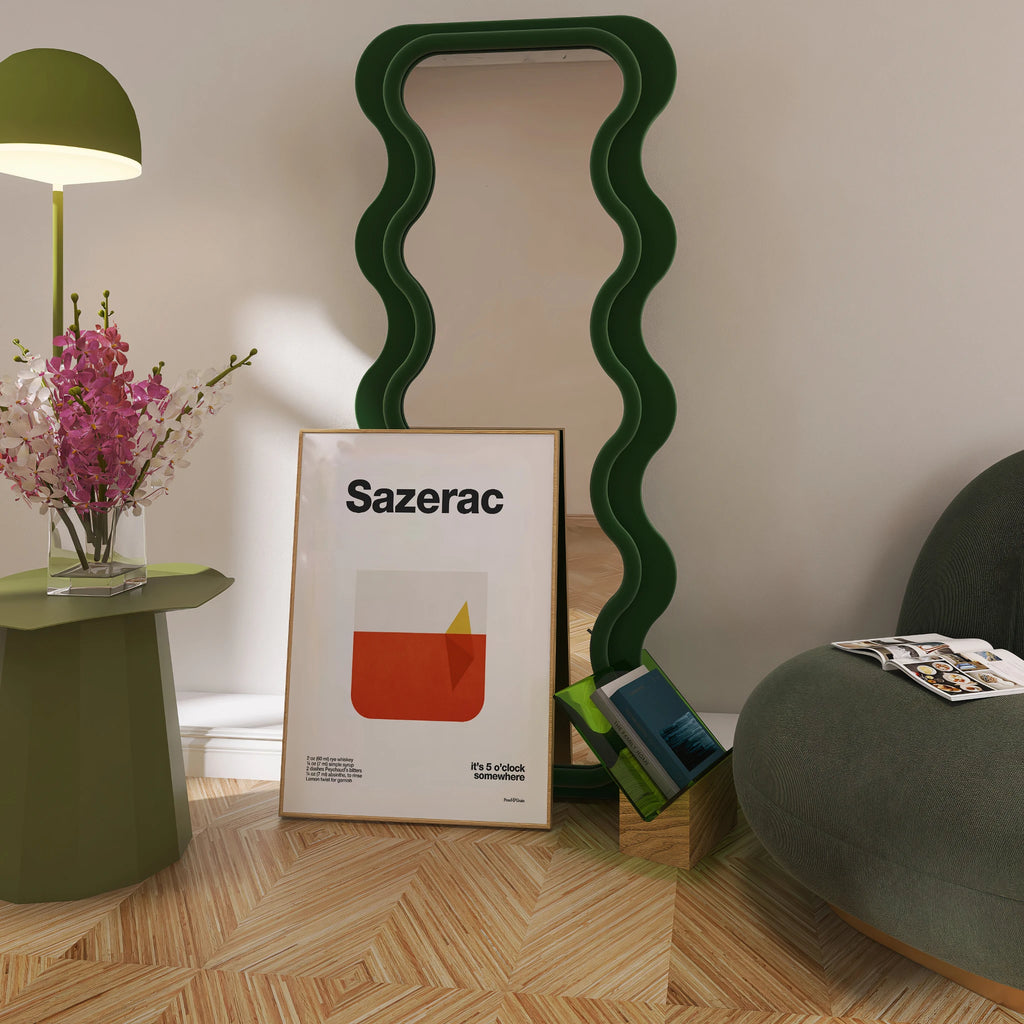 Room interior with a green lamp, wavy mirror, and framed picture of 'Sazerac'.