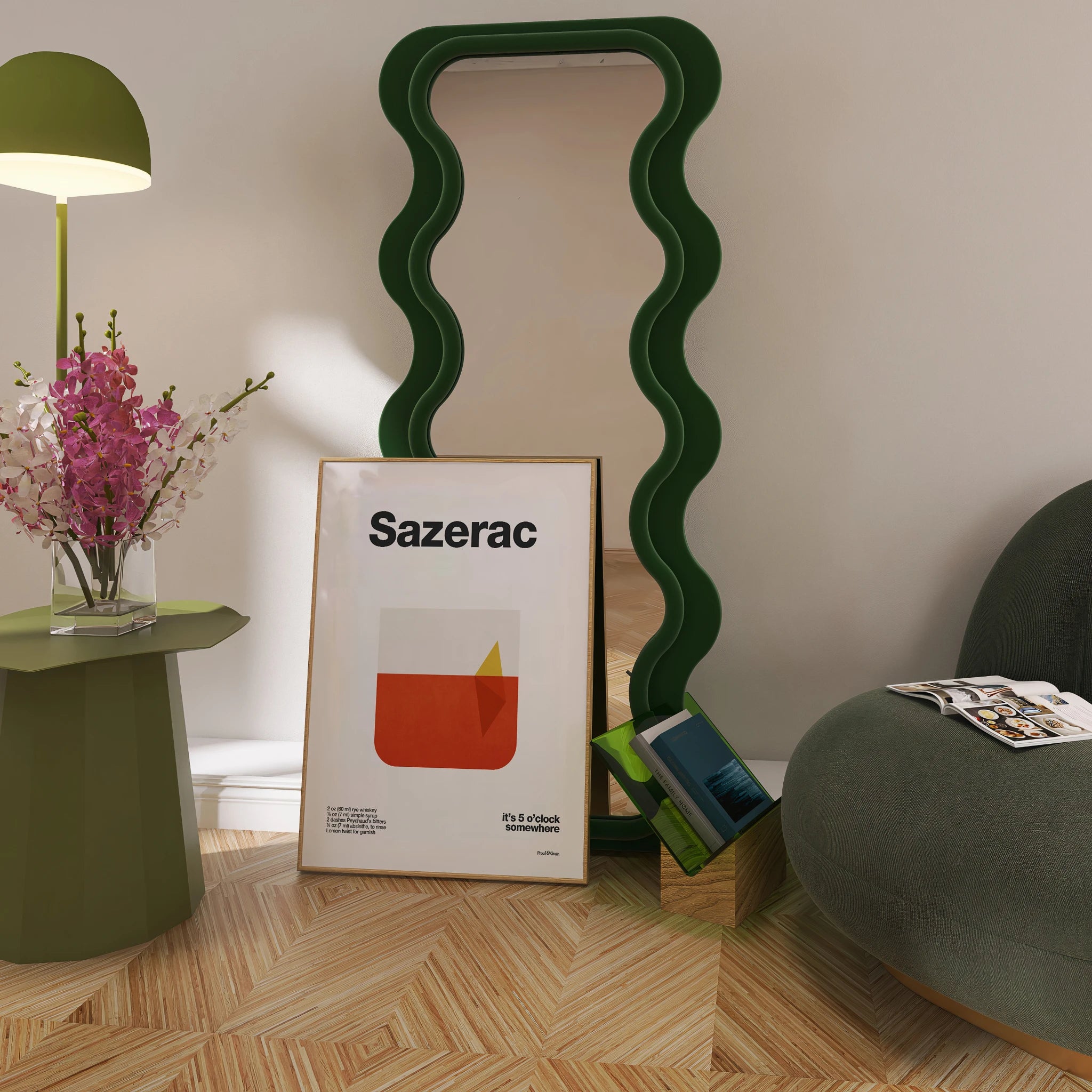 Room interior with a green lamp, wavy mirror, and framed picture of 'Sazerac'.