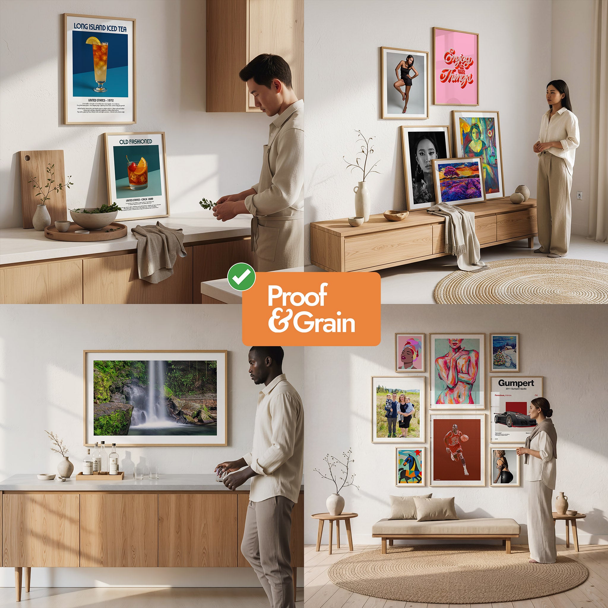 Collage of a man and woman in a home interior with Proof & Grain branding.