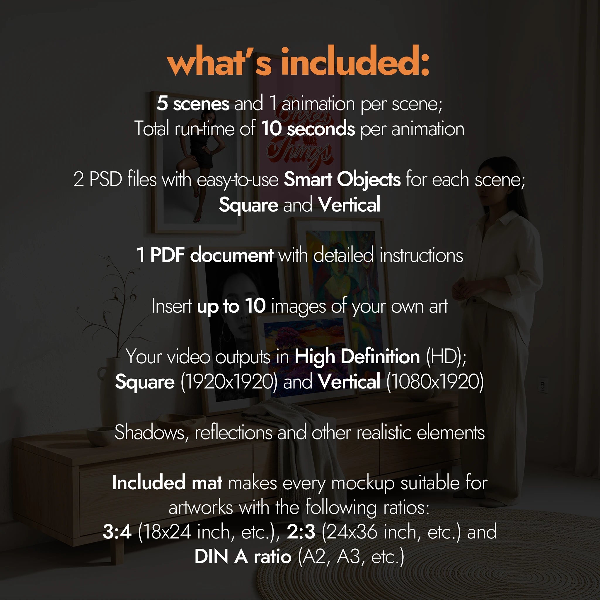 Product description overlay with text about included items in a dark room setting [Proof & Grain]