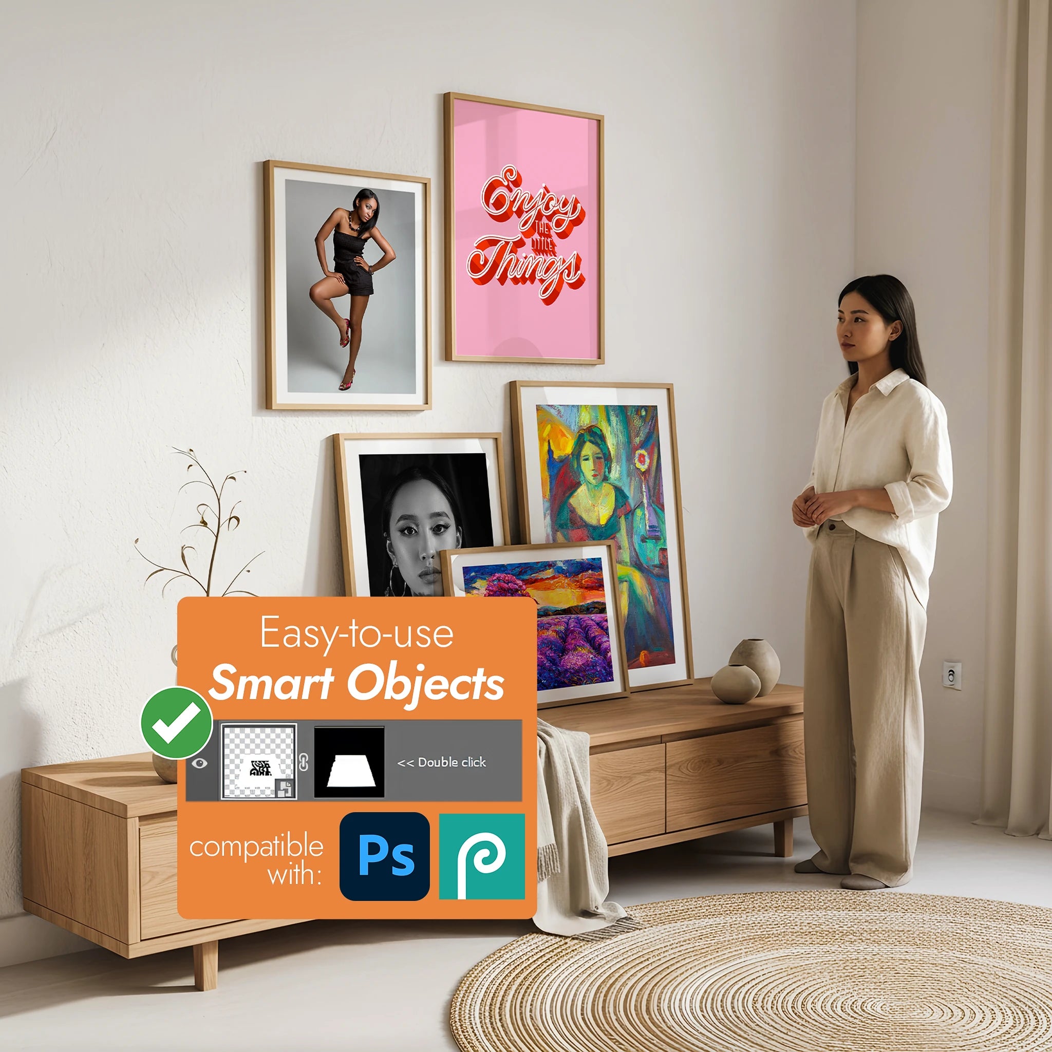 Woman standing in a room with framed artworks and a smart object overlay [Proof & Grain]